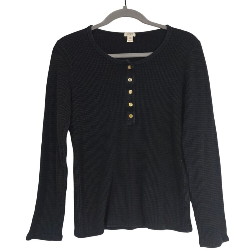 J.Crew Black Waffle Knit Thermal Henley Shirt Women's Medium 5 Button Top